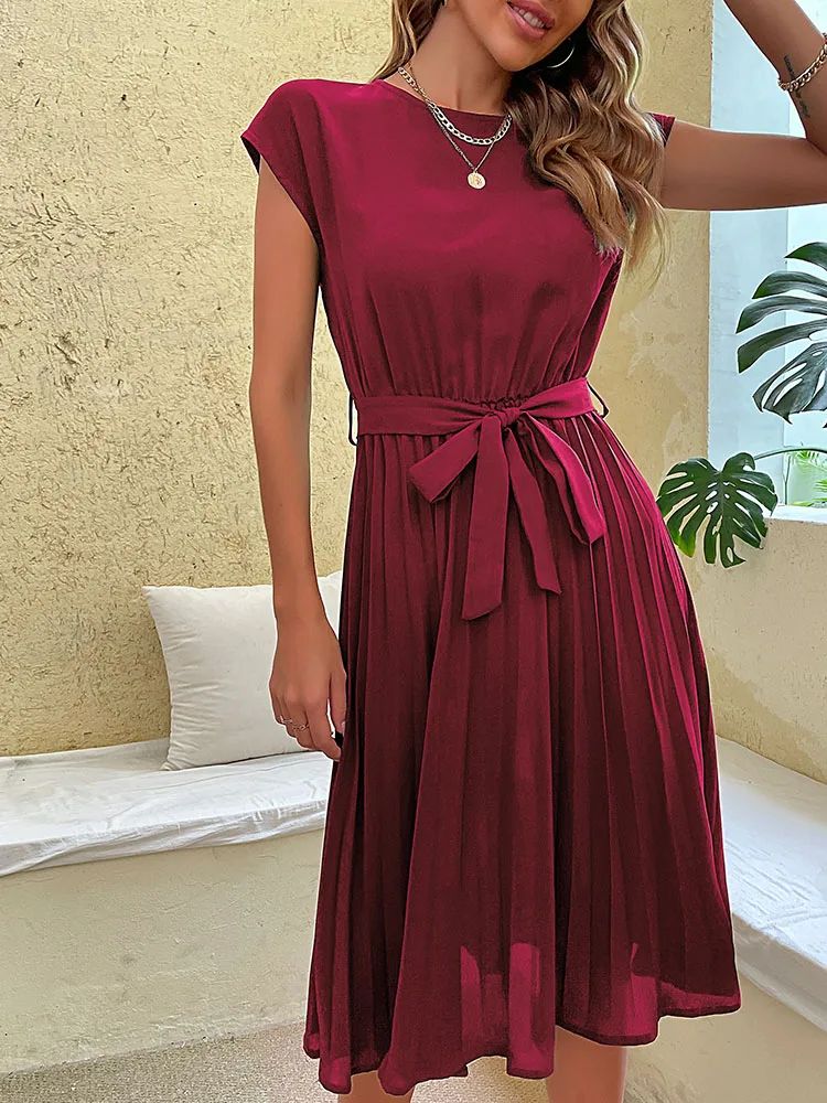 CHANTAL - Abito midi plissettato con cintura in vita